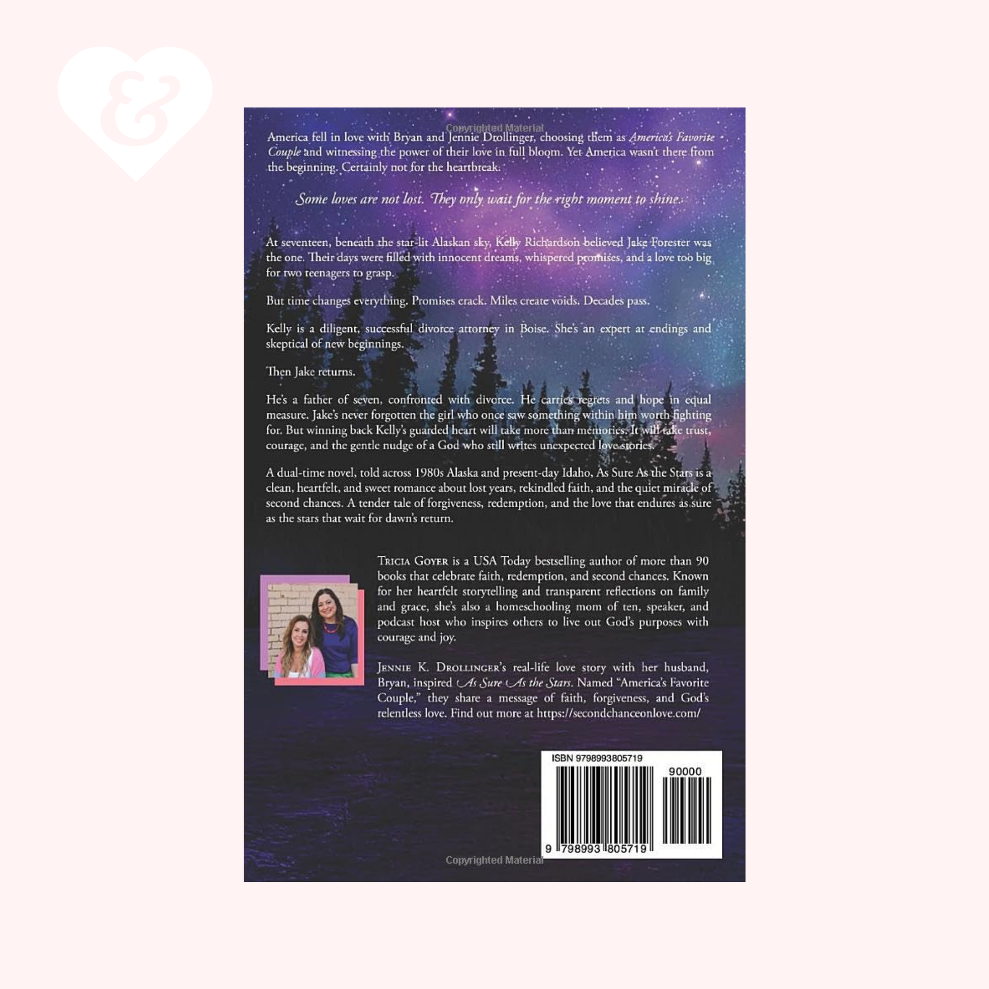 Back cover of a book with text and a silhouette of a couple in a forest.