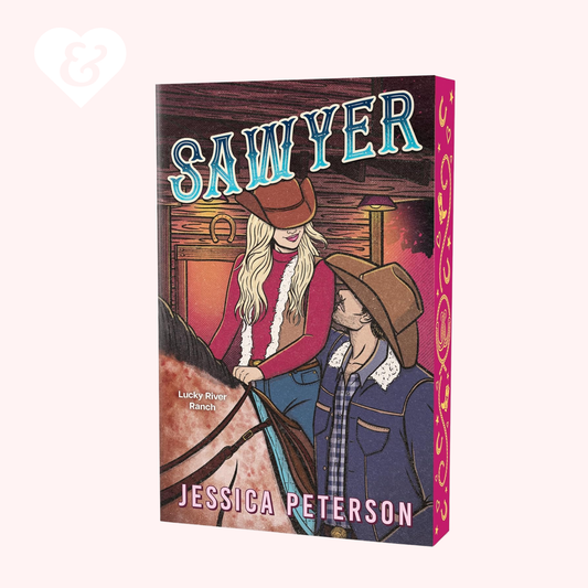 Book cover of 'Sawyer' by Jessica Peterson featuring two people on a horse.