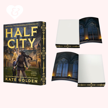 Book titled 'Half City' by Kate Golden with a display of the book's cover and interior.
