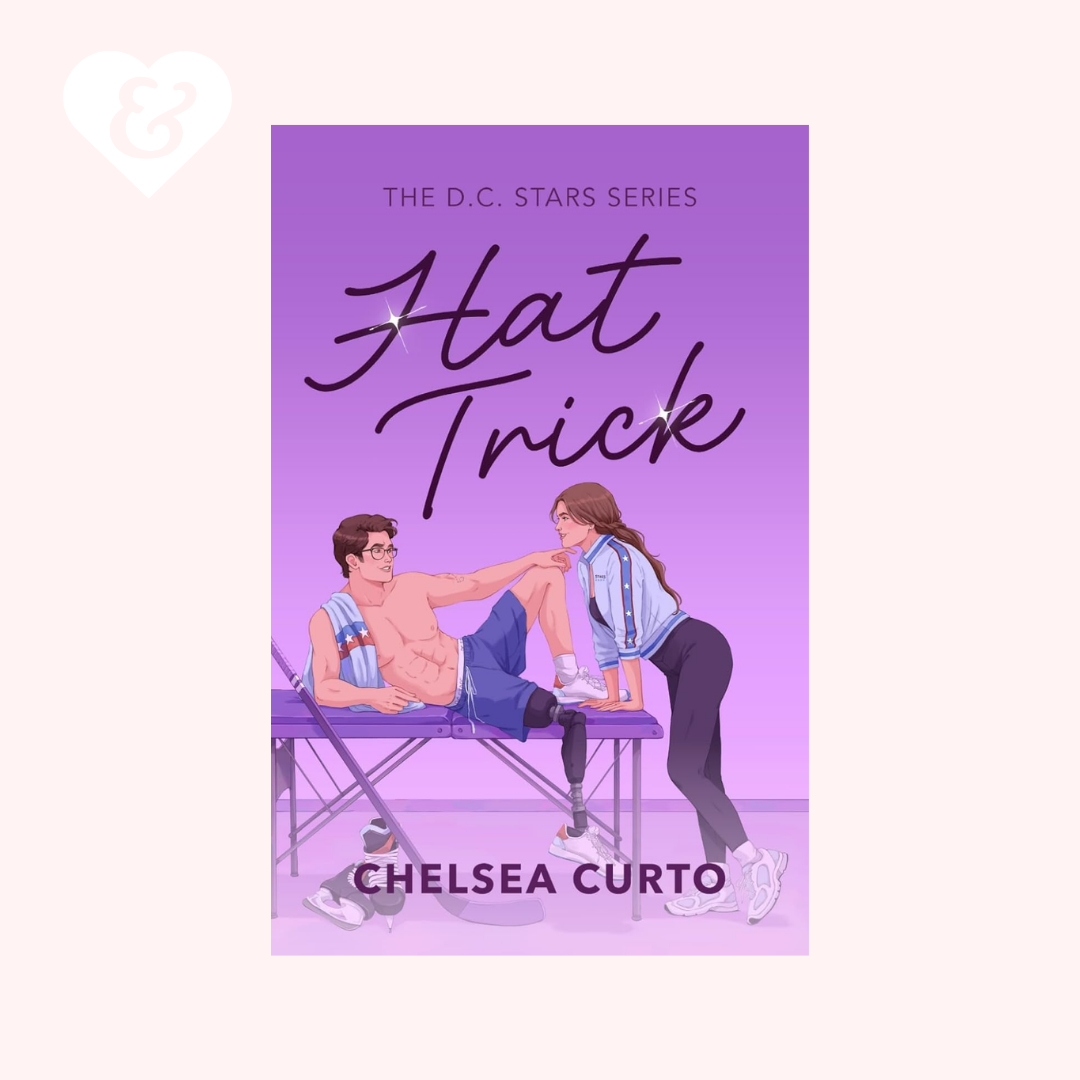 Book cover of 'Hat Trick' by Chelsea Curto featuring two people on a bench against a purple background.