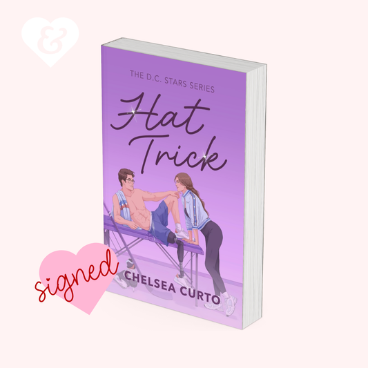 Book titled 'Hat Trick' by Chelsea Curto with a purple cover and illustration of two people on a white background.