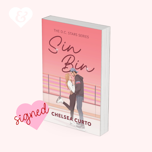 Book cover of 'Sin Bin' by Chelsea Curto with a pink background and illustration of two people.