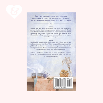 Book back cover with text and a scenic illustration of a couple by a lake.