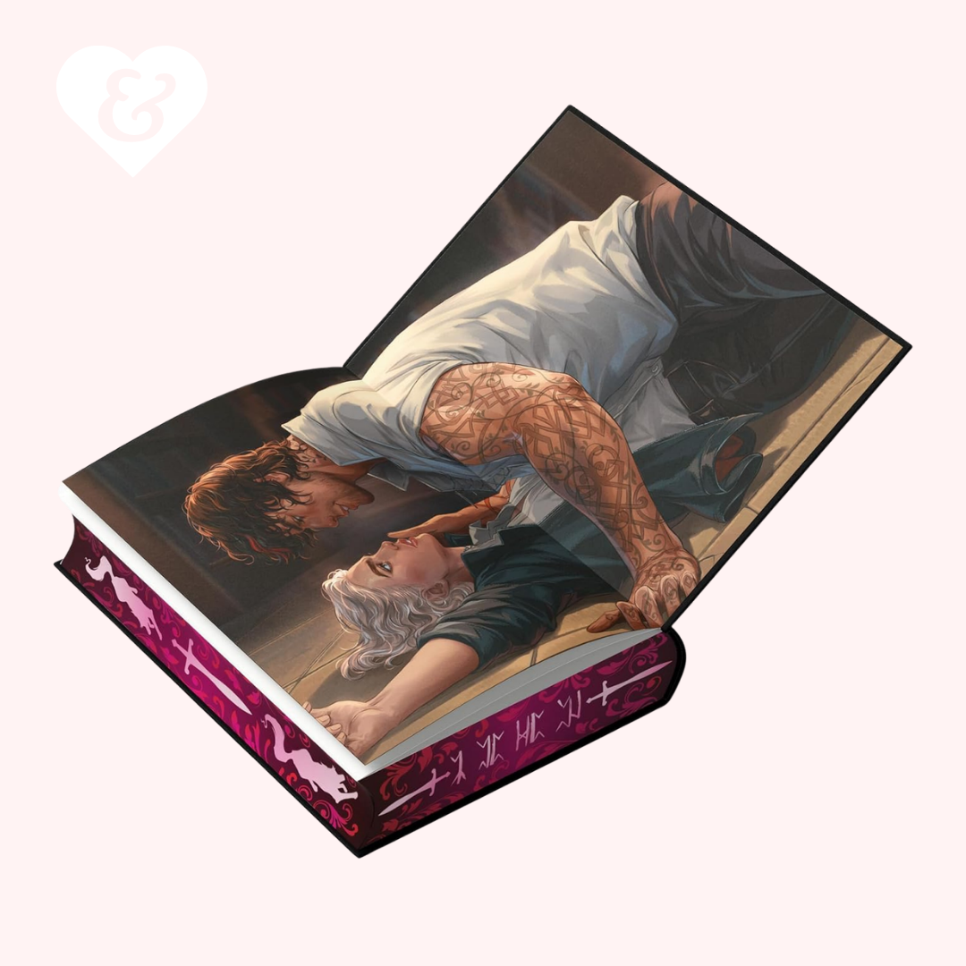 Book with a romantic illustration of a couple on the end paper