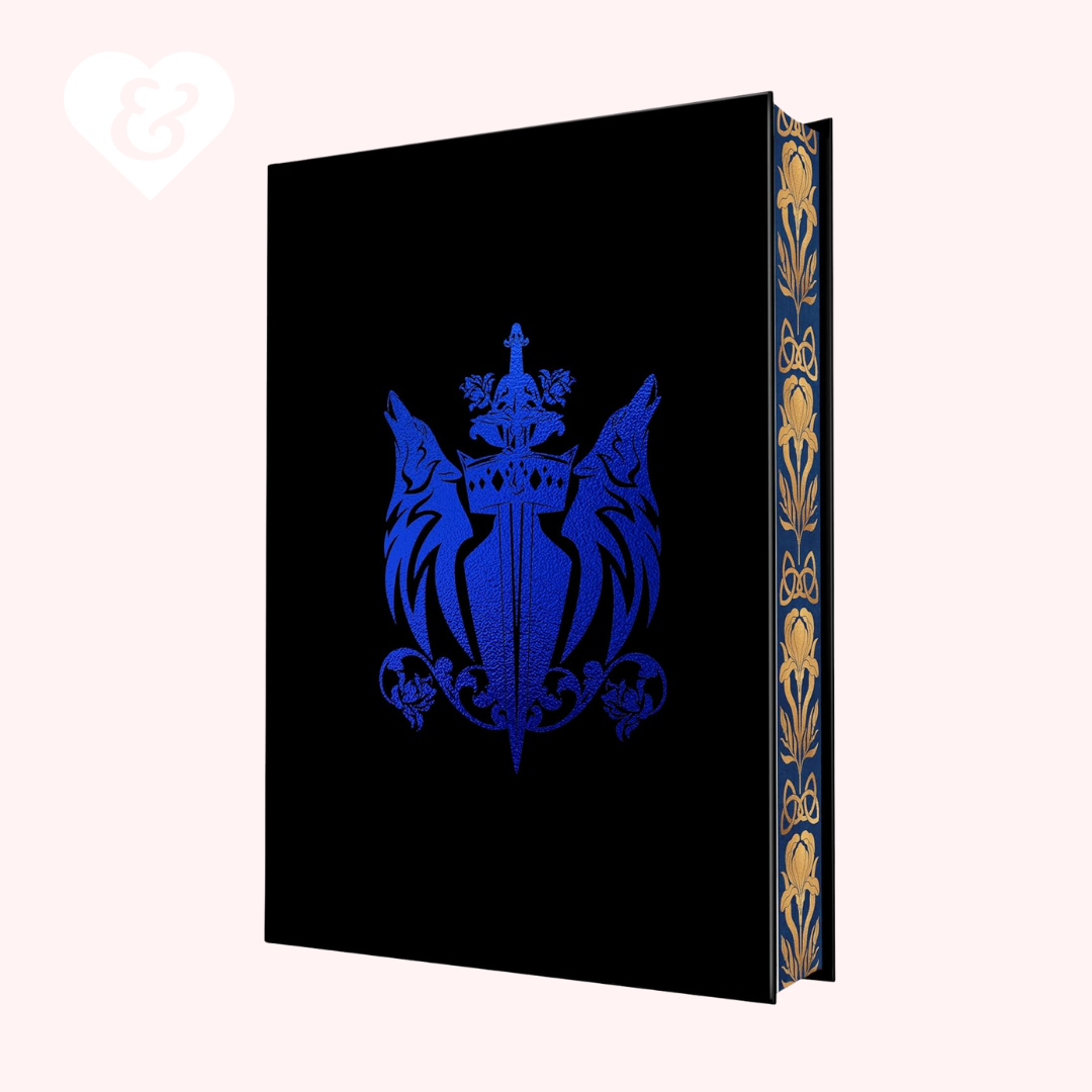 Decorative black book with blue emblem and gold detailing on a white background