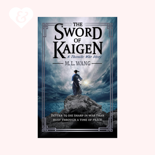 Book cover of 'The Sword of Kaigen' by M.L. Wang with a character standing on a rock under a cloudy sky.