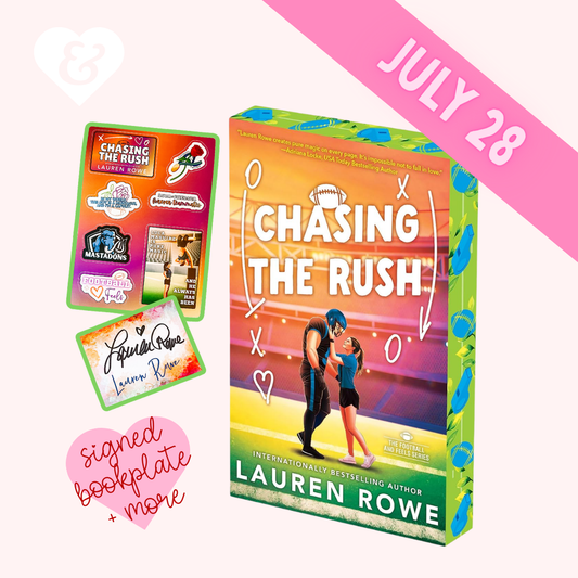 Book packaging for 'Chasing the Rush' by Lauren Rowe with promotional text and graphics.
