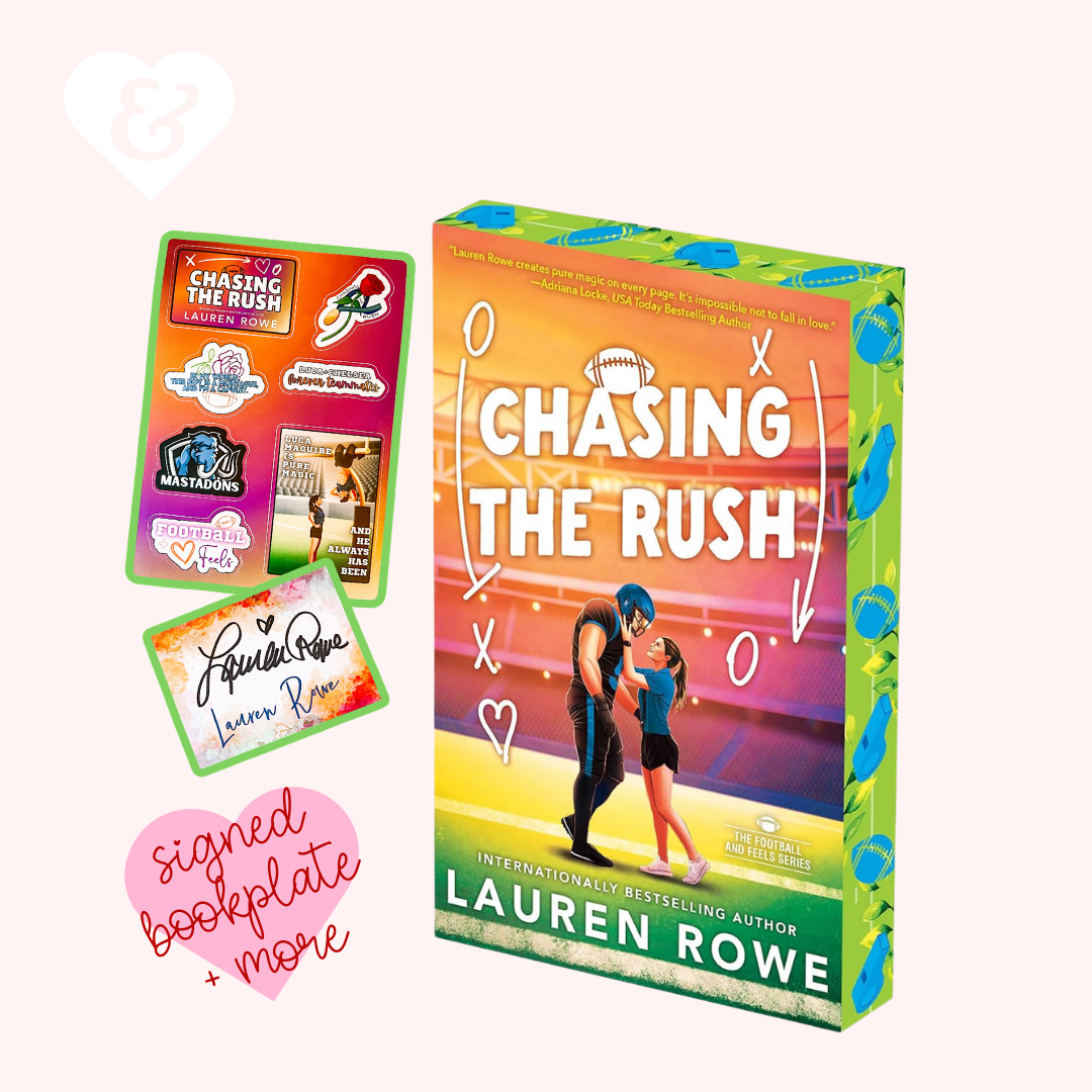 Book of 'Chasing the Rush' by Lauren Rowe with signed bookplate and cards on a white background