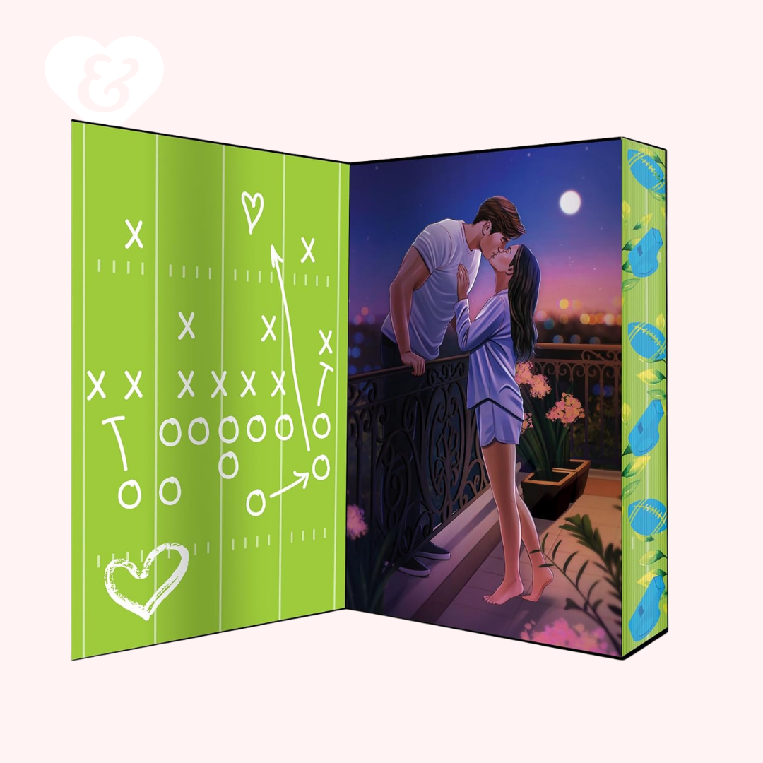 Book interior with football field design on one side and couple embracing at night on the other