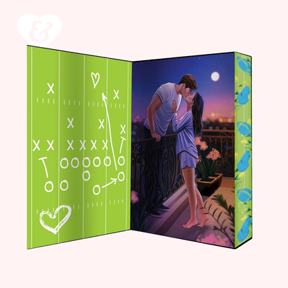 Book interior with football field design on one side and couple embracing at night on the other