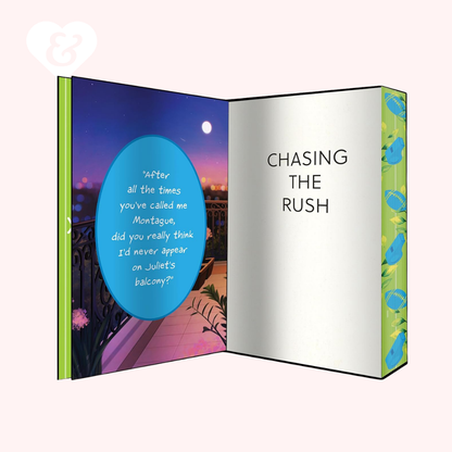 Open book with a quote on a balcony scene and 'Chasing the Rush' text.