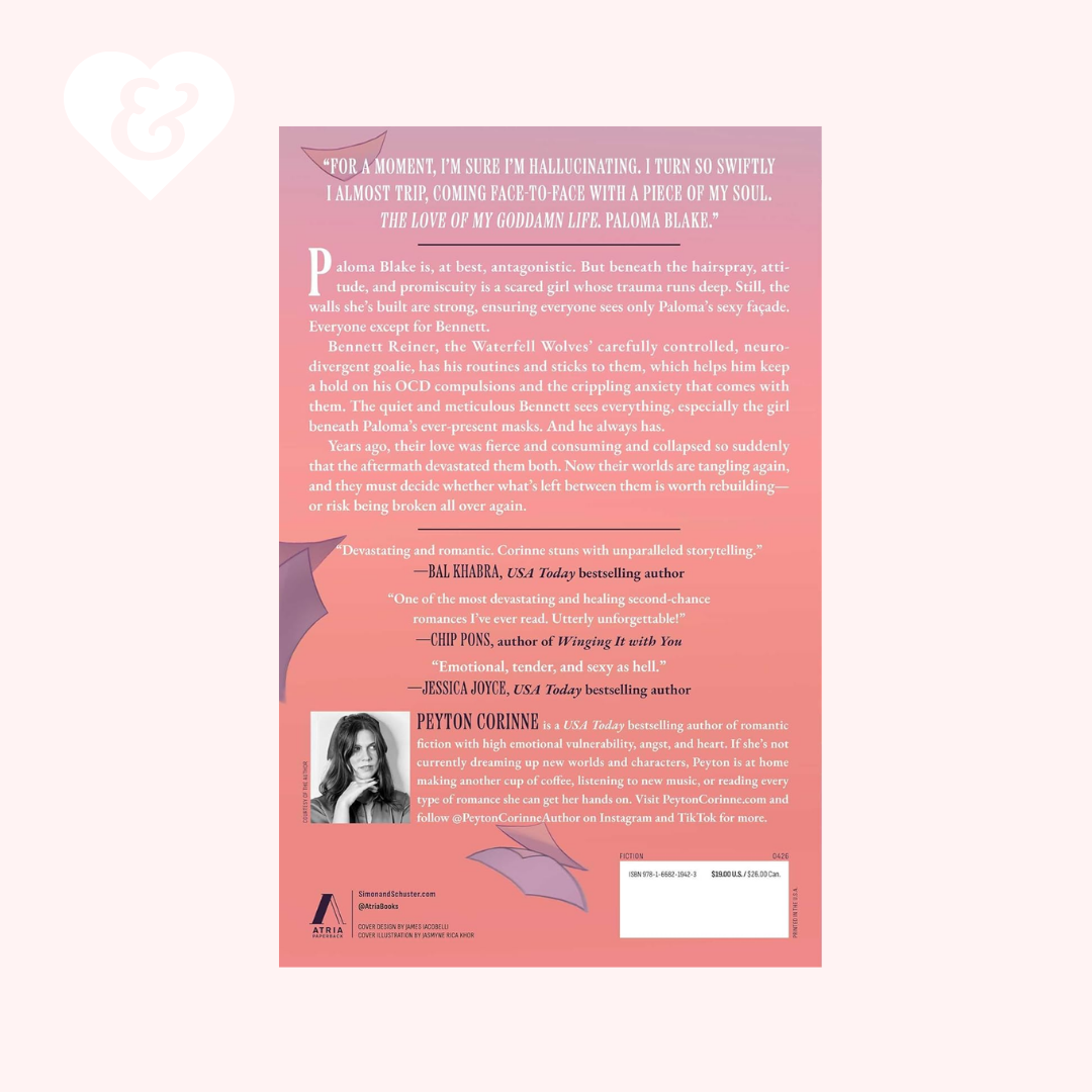 Book back cover with text and a portrait on a pink background
