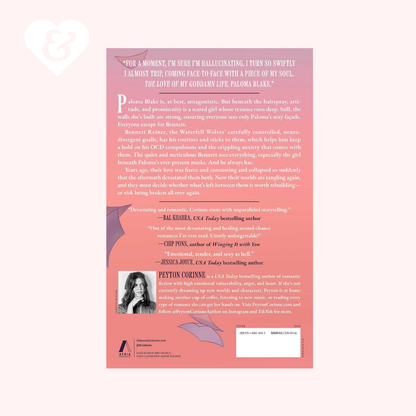 Book back cover with text and a portrait on a pink background