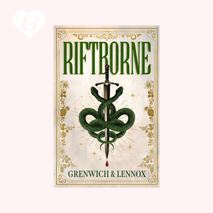 Book cover of 'Riftborne' by Greenwich & Lennox with a sword and snake design.