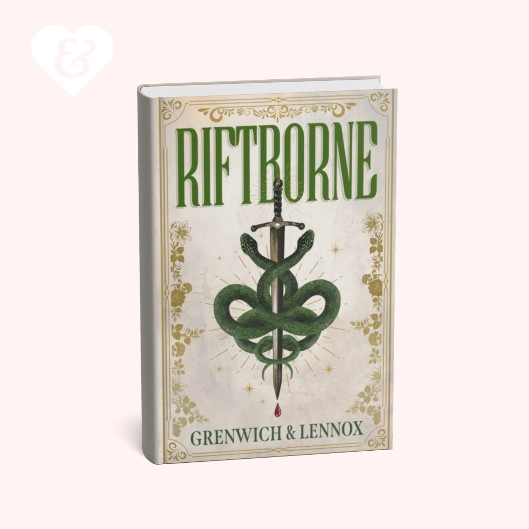 Book titled 'Riftborne' with a snake and sword design on the cover, published by Greenwich & Lennox.