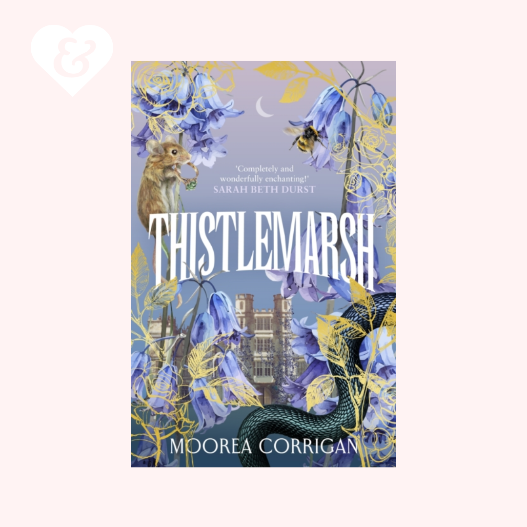 Book cover of 'Thistlemarsh' with a squirrel, castle, and flowers on a blue background
