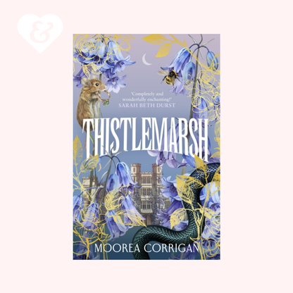 Book cover of 'Thistlemarsh' with a squirrel, castle, and flowers on a blue background