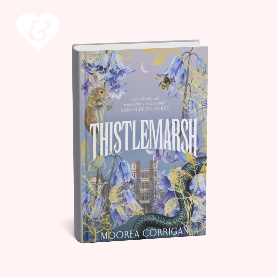 Book cover of 'Thistlemarsh' with illustrations of a castle, animals, and nature on a light blue background.
