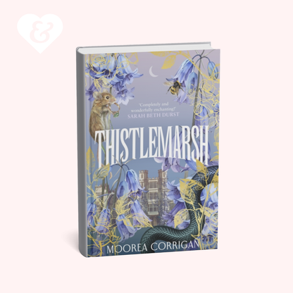 Book cover of 'Thistlemarsh' with illustrations of a castle, animals, and nature on a light blue background.