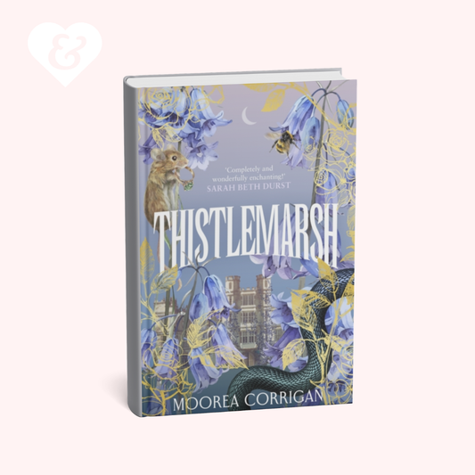 Book cover of 'Thistlemarsh' with illustrations of a castle, animals, and nature on a light blue background.