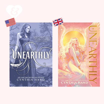 Two book covers of 'Unearthly' by Cynthia Hand with American and British flags.