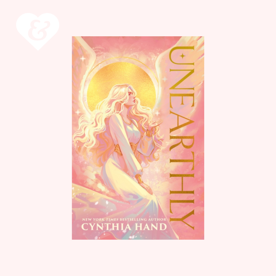 Book cover of 'Unearthly' by Cynthia Hand with a woman and celestial design on a pink background