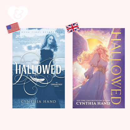 Two book covers of 'Hallowed' by Cynthia Hand with American and British flags.