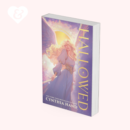 Book titled 'Hallowed' by Cynthia Hand with a purple and gold cover on a white background