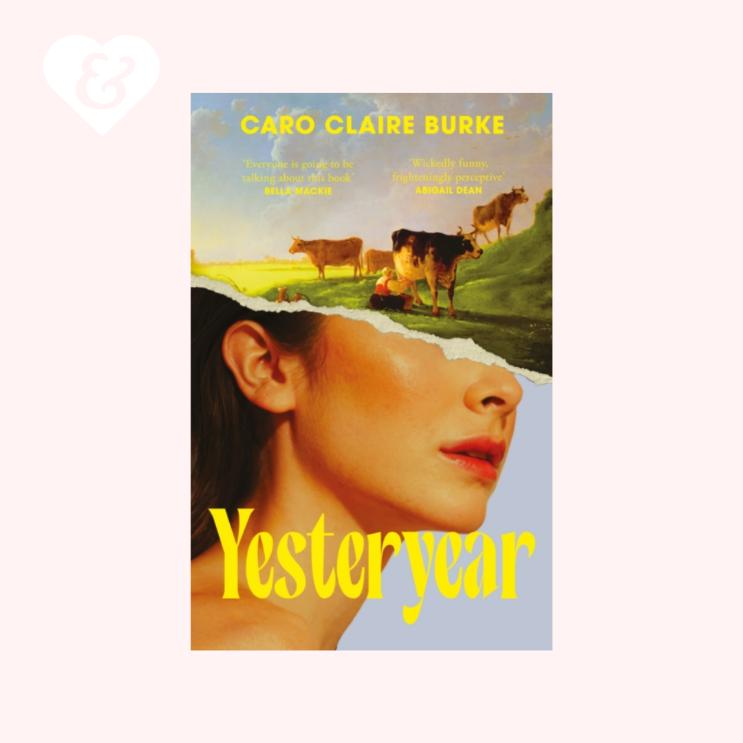 Book cover of 'Yesteryear' by Caro Claire Burke with a woman's face and cows in the background.