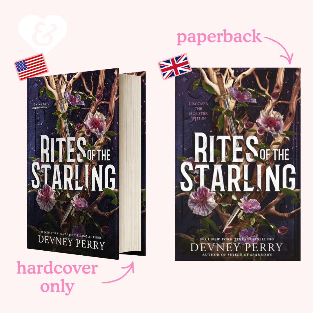 Two editions of 'Rites of the Starling' by Devney Perry with a paperback on the left and a hardcover on the right.