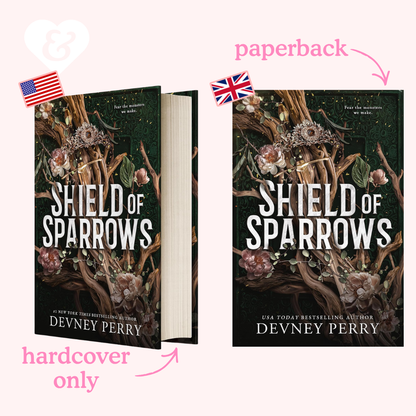 Book cover of 'Shield of Sparrows' by Devney Perry with a comparison between hardcover and paperback editions.