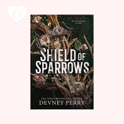 Book cover of 'Shield of Sparrows' with floral and branch design on a dark background