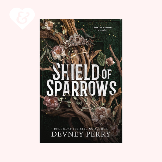 Book cover of 'Shield of Sparrows' with floral and branch design on a dark background