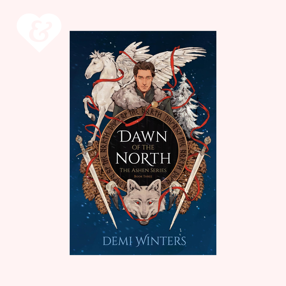 Book cover of 'Dawn of the North' by Demi Winters featuring a winged creature and wolves on a blue background.