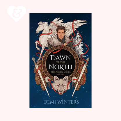 Book cover of 'Dawn of the North' by Demi Winters featuring a winged creature and wolves on a blue background.