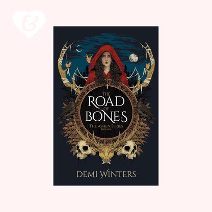 Book cover of 'The Road of Bones' by Demi Winters with a dark background and central figure.