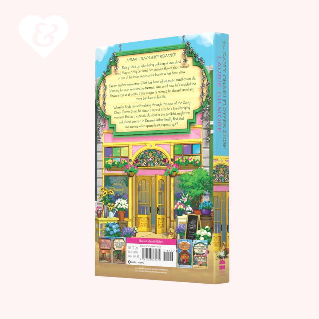 Colorful book cover with a town scene on a white background