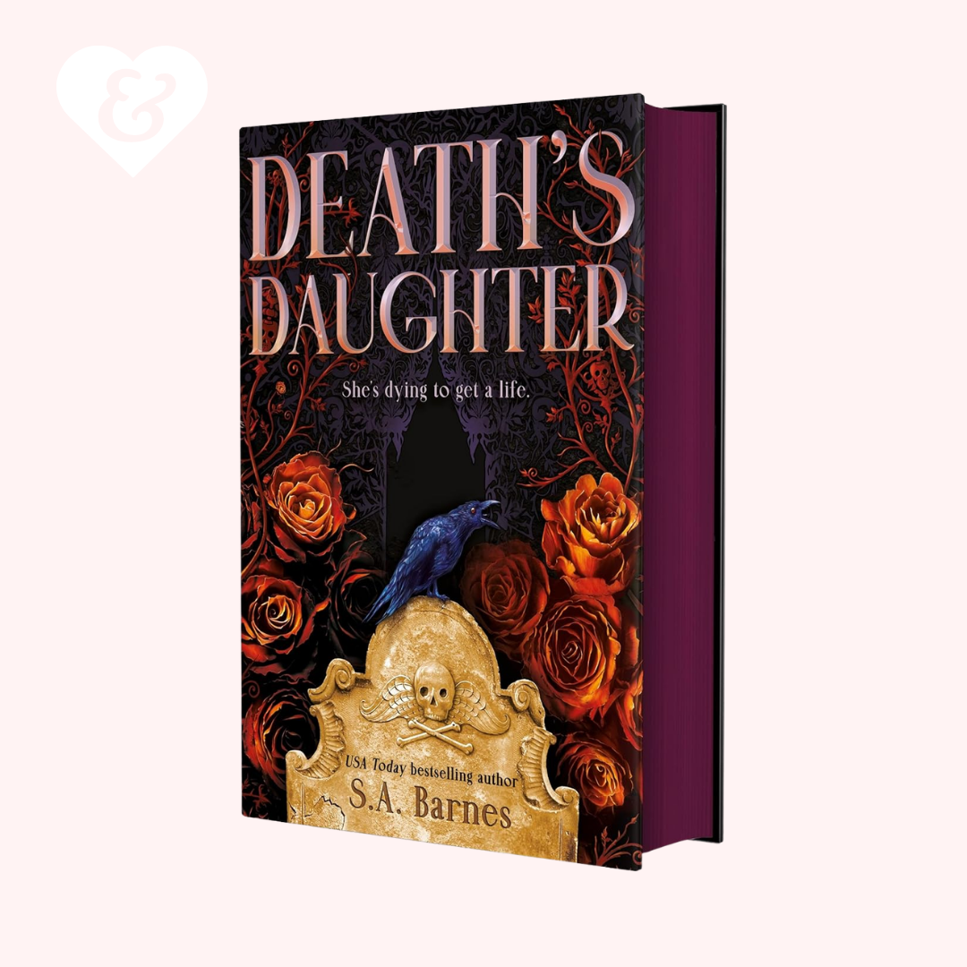 Book cover of 'Death's Daughter' with roses and a gravestone design on a white background