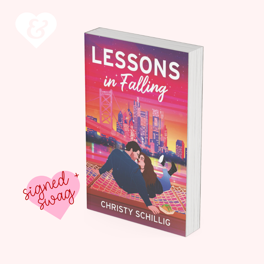 Book cover of 'Lessons in Falling' by Christy Schillig with a romantic illustration on a white background.