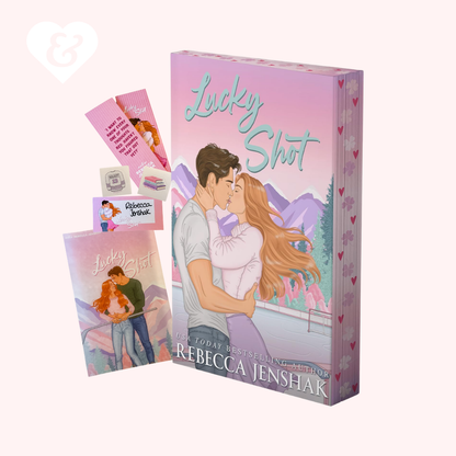 Book packaging for 'Lucky Shot' by Rebecca Jenshak with a romantic illustration on a pink background.