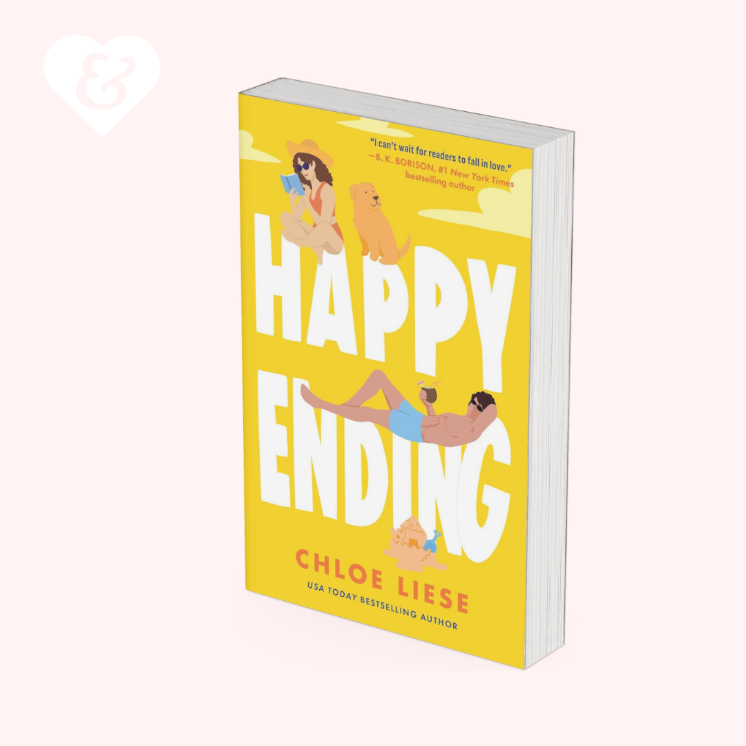 Happy Ending book by Chloe Liese on a light pink background