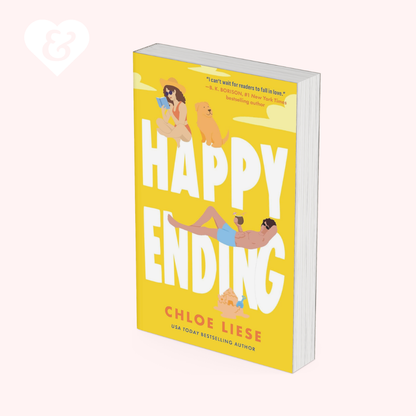Happy Ending book by Chloe Liese on a light pink background