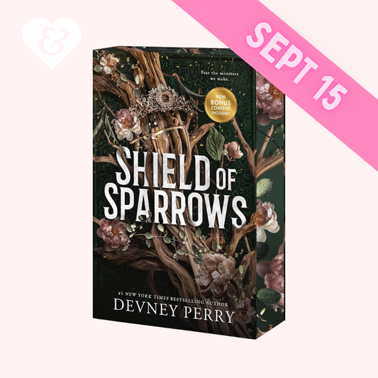 Book cover of 'Shield of Sparrows' by Devney Perry with decorative elements and a pink banner displaying 'SEPT 15'.