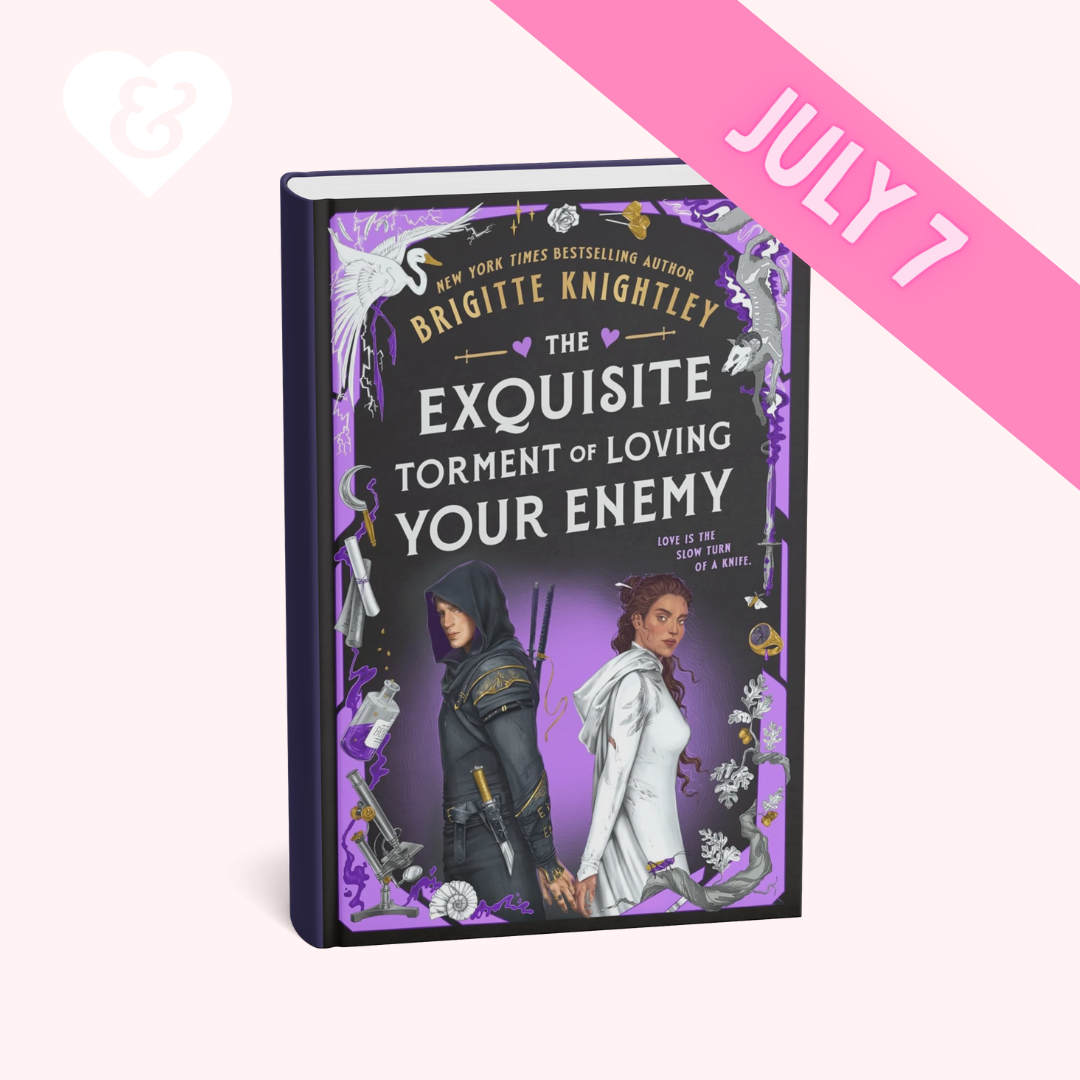 Book cover of 'The Exquisite Torment of Loving Your Enemy' with characters and decorative elements on a white background.