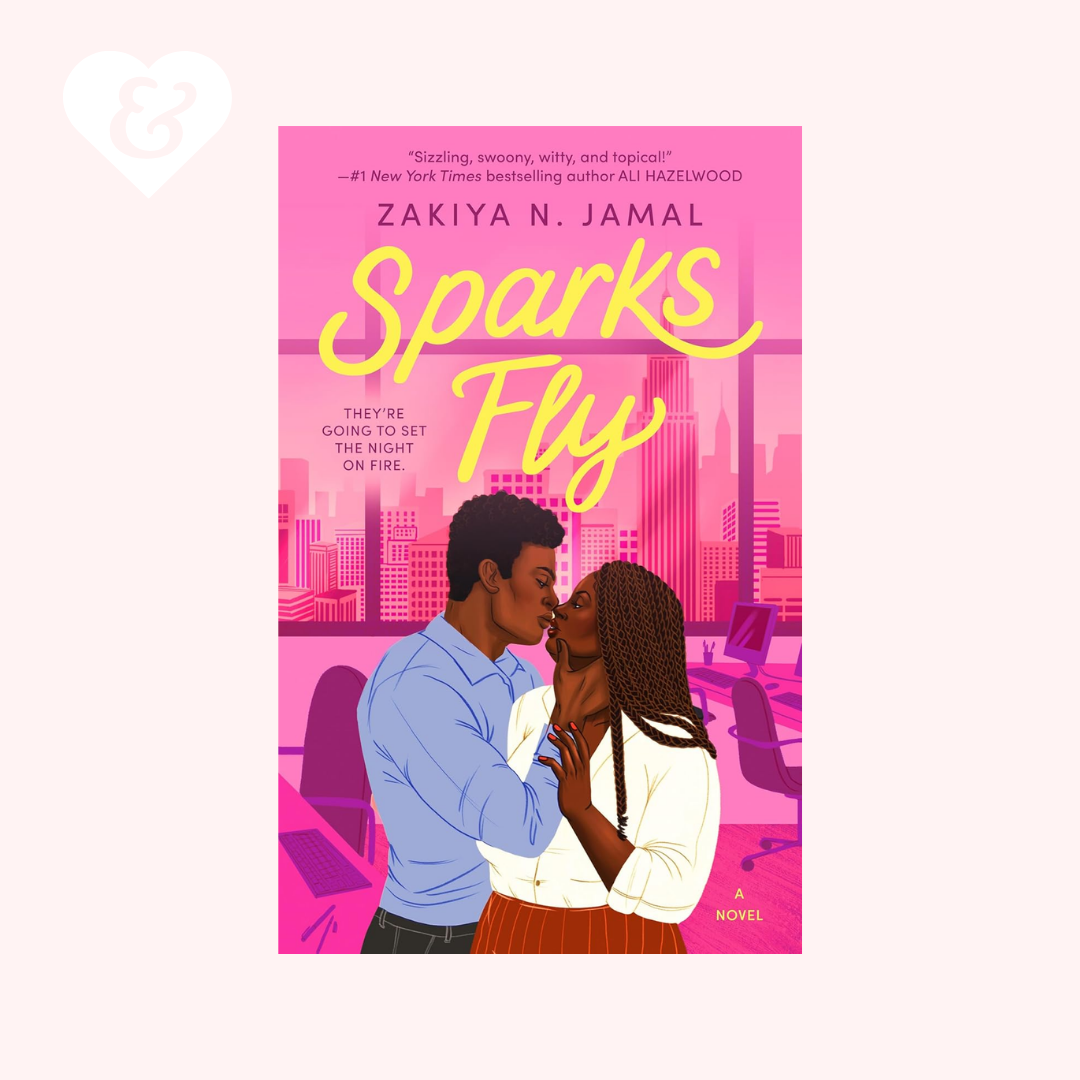 "Sparks fly" book by Zakiya N Jamal, which shows a couple embracing, on a pink background