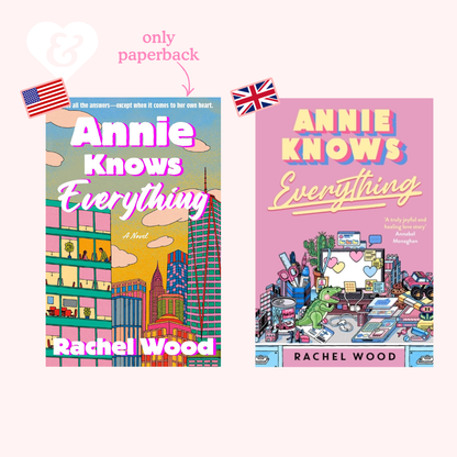 Two book covers of 'Annie Knows Everything' by Rachel Wood with colorful illustrations and text.