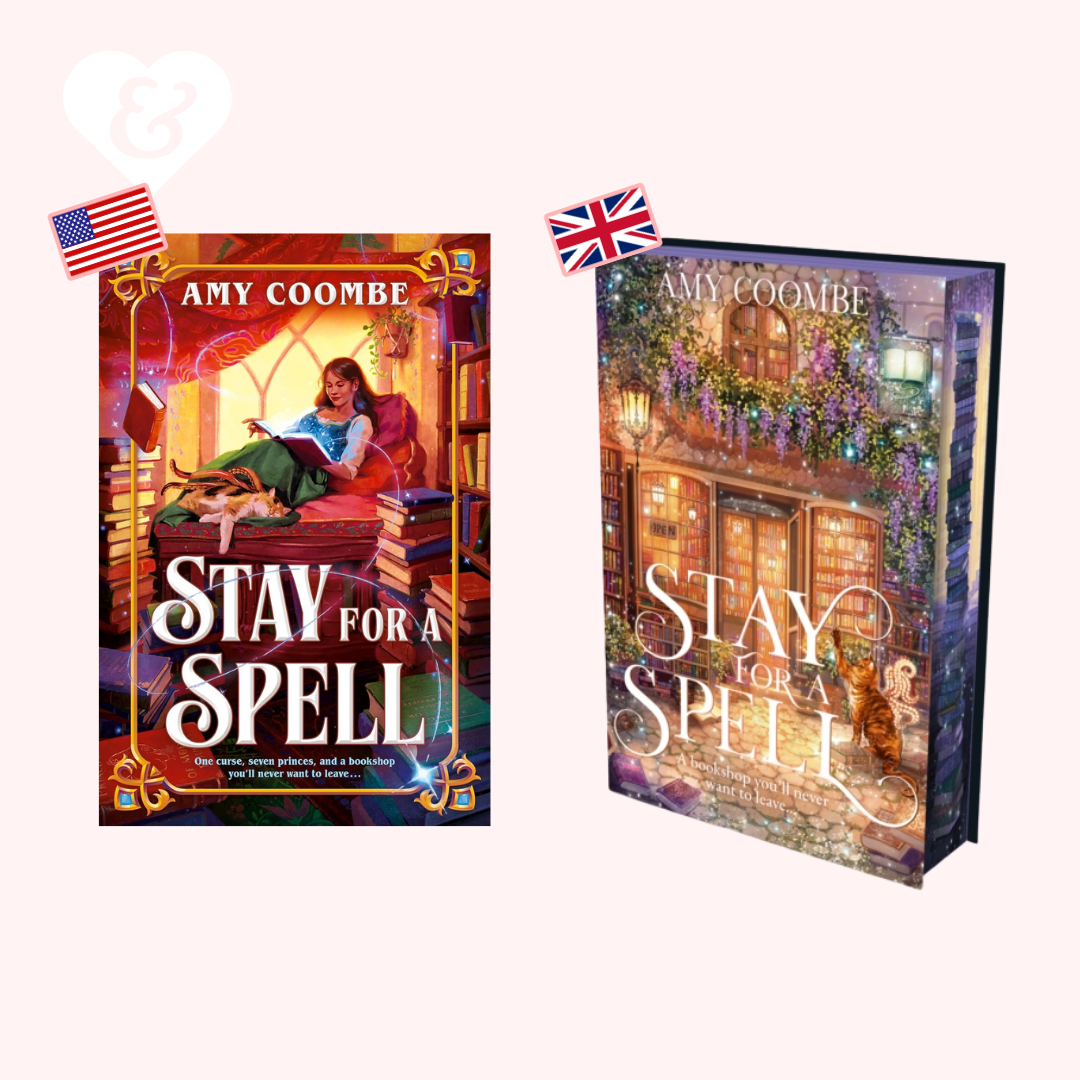 Two book covers of 'Stay for a Spell' by Amy Coombe with American and British flags.