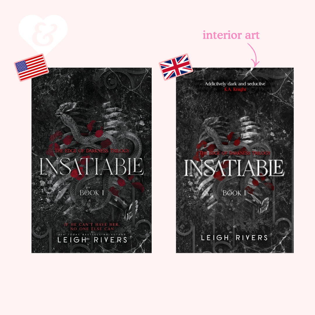 Two book covers of 'Insatiable' by Leigh Rivers with American and British flags.