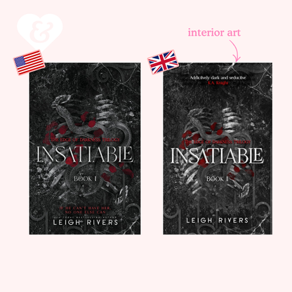 Two book covers of 'Insatiable' by Leigh Rivers with American and British flags.