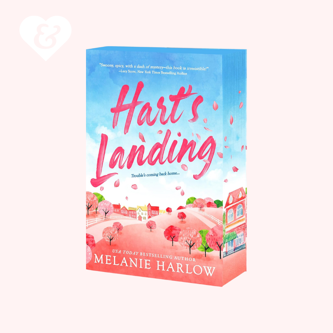 Book cover of 'Hart's Landing' by Melanie Harlow with a colorful illustration of a town.